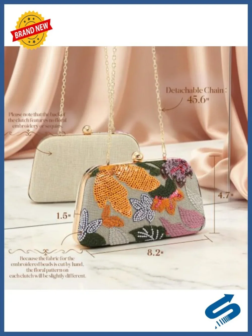 Floral Sequin Beaded Clutch Evening Bag with Detachable Chain for Weddings